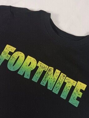 Fortnite Youth T-Shirt Black Yellow Green Gradient Logo Gamer Graphic Tee Size L